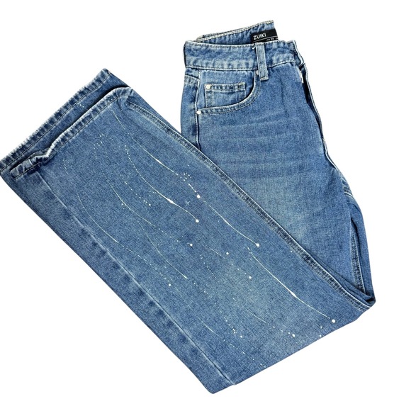 Zuiki Womens High Waisted Wide Leg Blue Jeans Paint Splatter - Picture 2 of 6